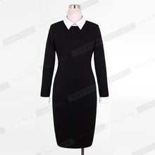 Nice-forever Career Women Autumn Turn-down Collar Fit Work Dress Vintage Elegant Business office Pencil bodycon Midi Dress 751