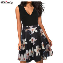 Oxiuly Women Vintage 1950s style Dress Floral Print White Patchwork Party Dress Black Elegant Female Sexy Mini Dress
