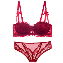 Half Cup women sexy bra set Plus Size D underwear thin cotton red lace Bras and Panties Set White brassiere embroidery lingerie