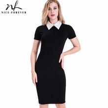 Nice-forever Career Women Autumn Turn-down Collar Fit Work Dress Vintage Elegant Business office Pencil bodycon Midi Dress 751